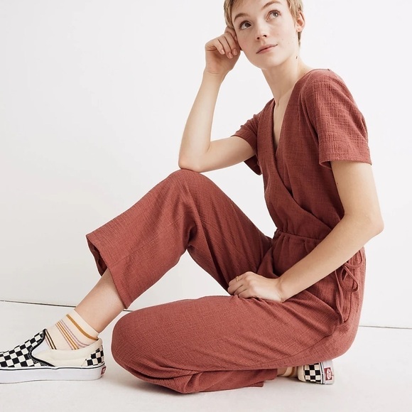 Madewell Texture & Thread Mauve Short Sleeve Wrap Jumpsuit - Picture 3 of 16